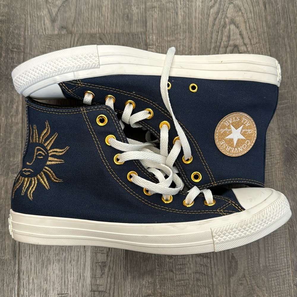 Converse Chucks You high tops, navy blue gold , sun, EUC, women’s 10, custom